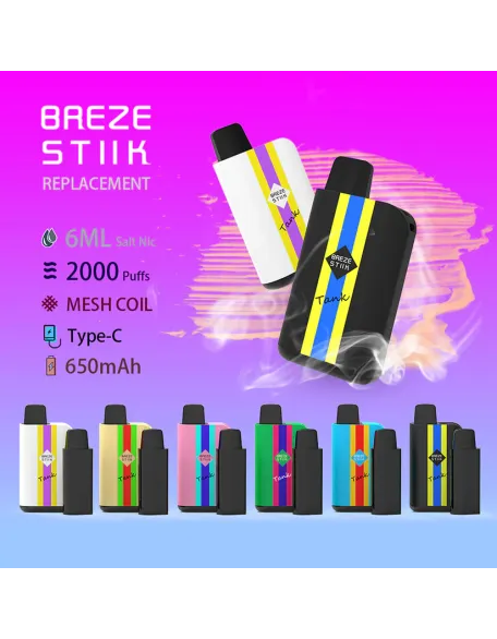 Original Breze Stiik Tank 2000 Puffs 6500mAh Replaceable Cartridge Vape Kit Device (Free Shipping)